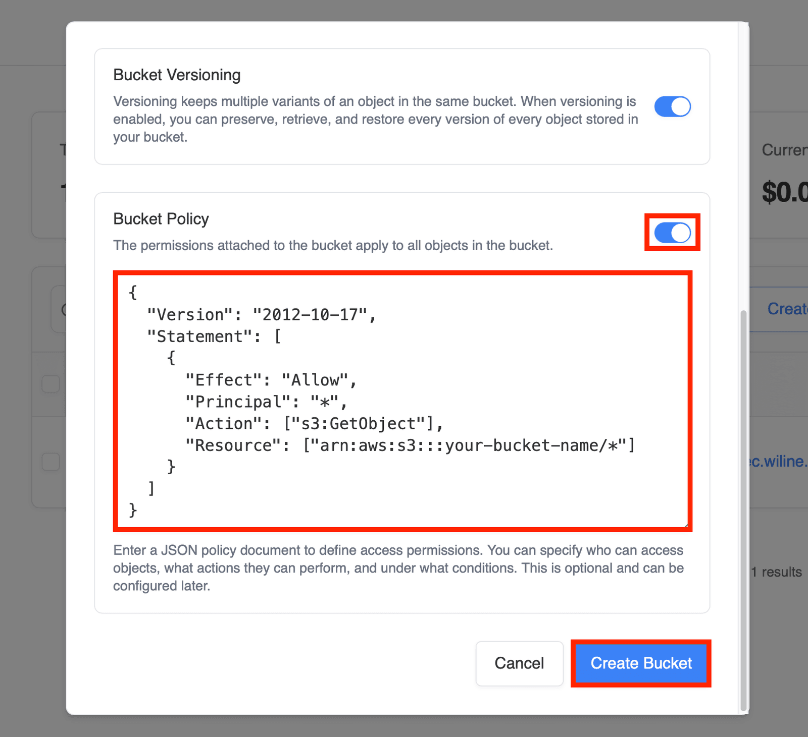Modal de configuración del Bucket