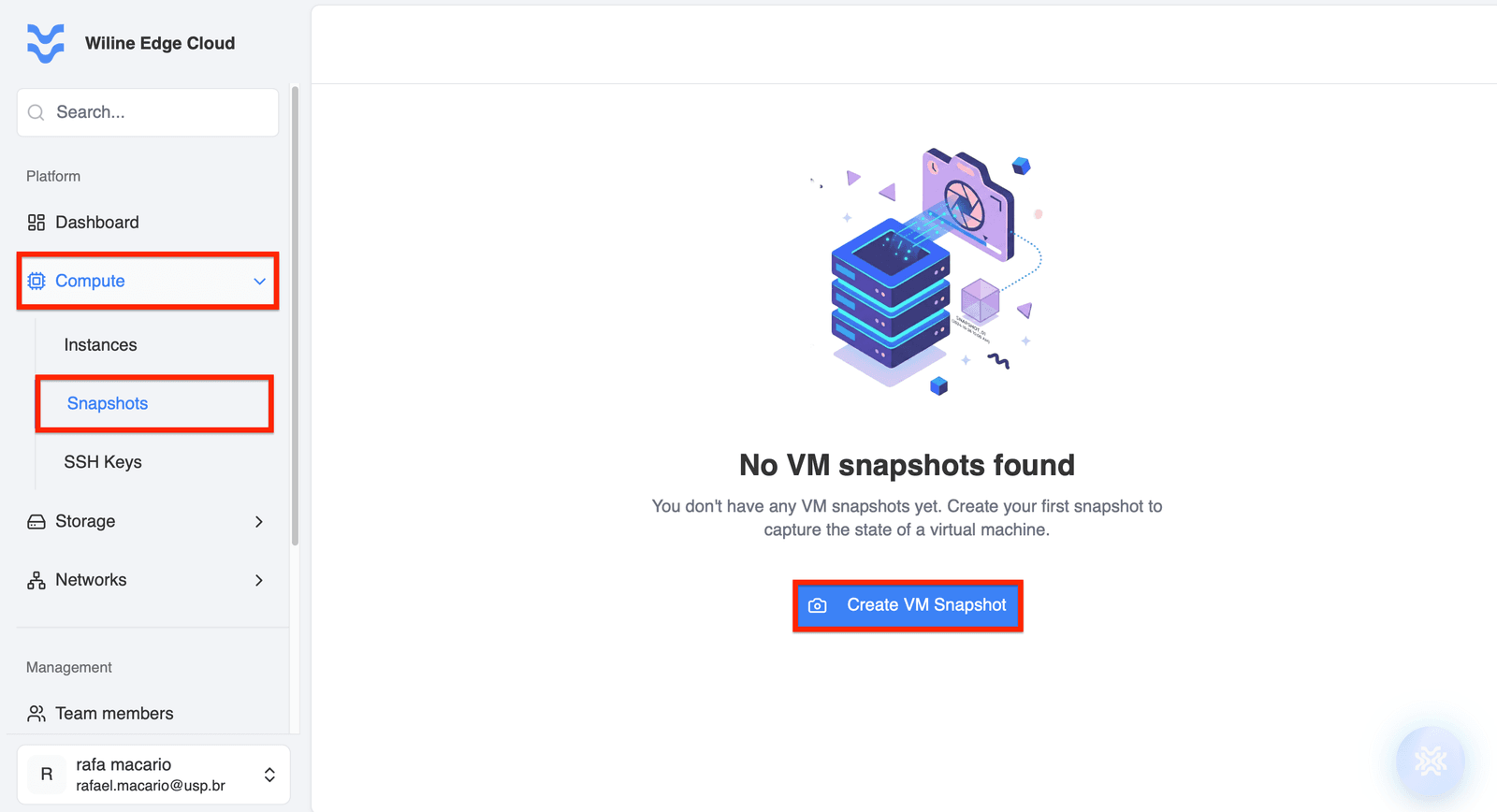 Página de Snapshots con el botón Crear Snapshot de VM