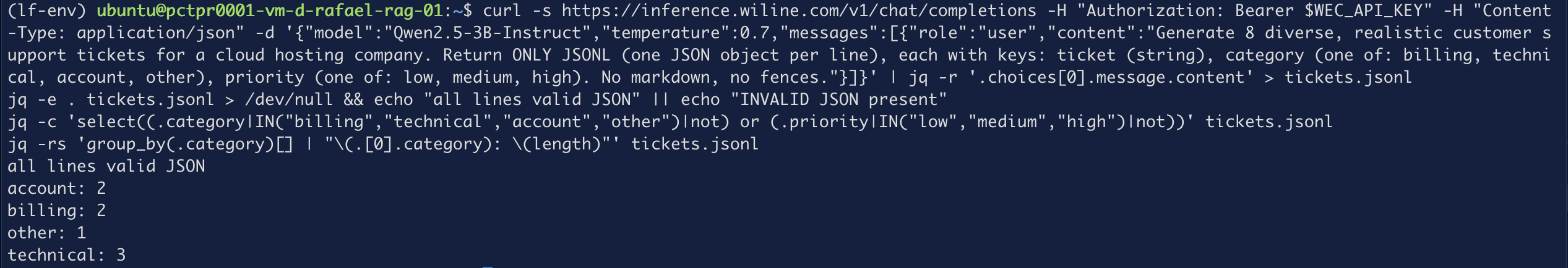 Paso 2 — validando el lote: JSON válidos, etiquetas en el enum, distribución de clases