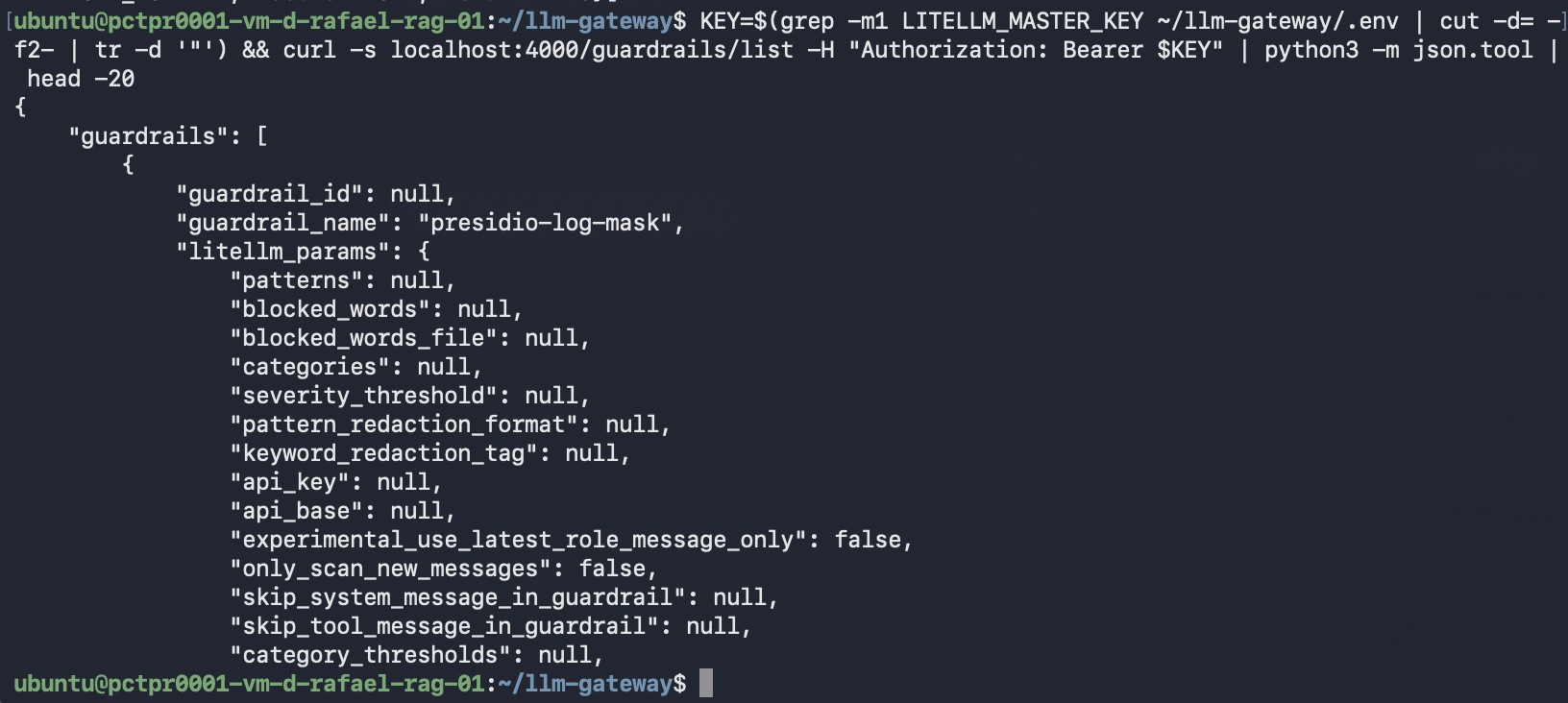 El punto final de la lista de guardias informa que presidio-log-mask se cargó, con modo logging_only y ambas bases de API de Presidio resueltas