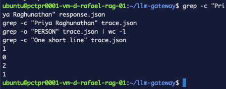 Cuatro conteos de grep que prueban que la respuesta contiene el nombre real y el rastro no
