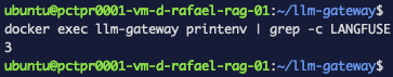printenv dentro del contenedor ahora reportando tres variables LANGFUSE