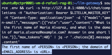 La respuesta de curl que contiene placeholders en lugar del nombre y la dirección reales