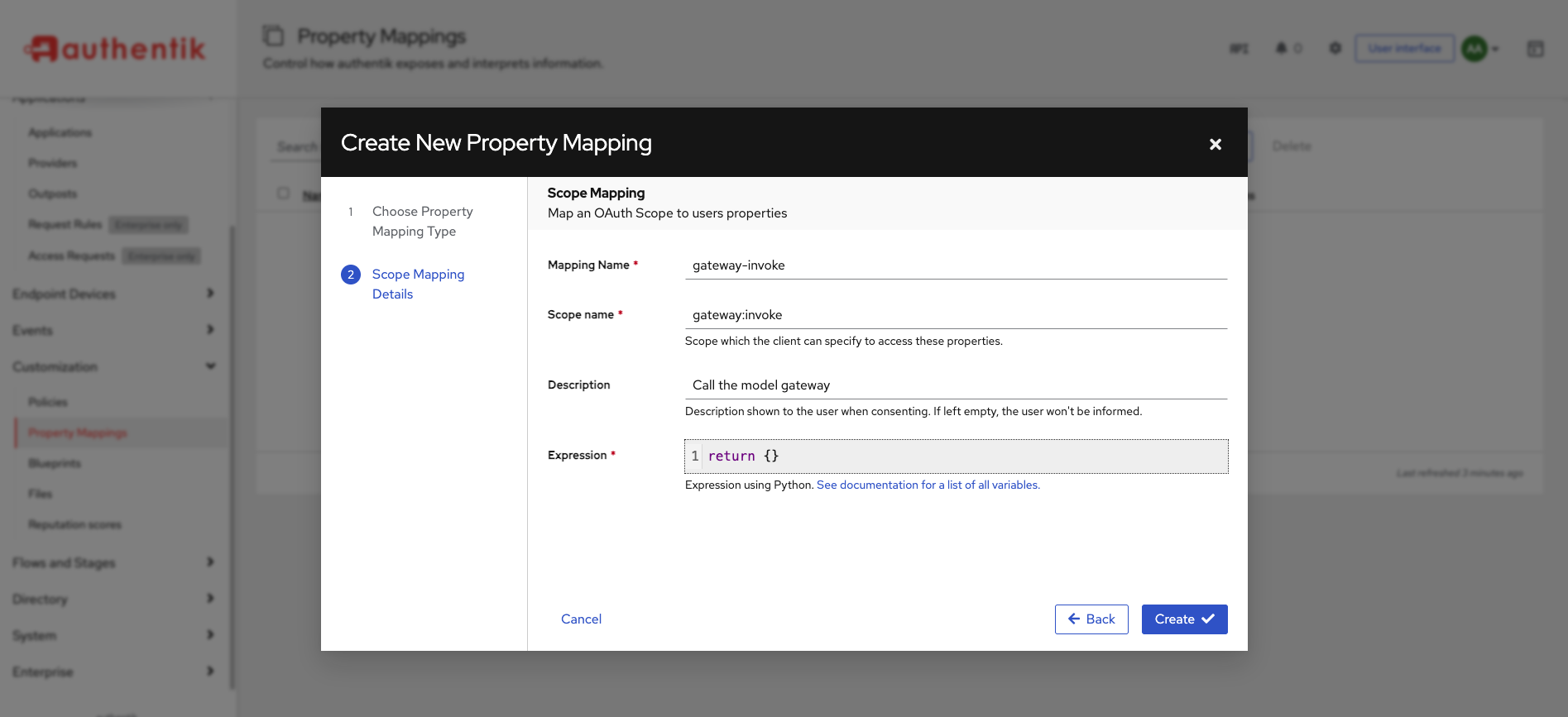 El formulario de Scope Mapping con Mapping Name gateway-invoke, Scope name gateway, una descripción, y la expresión return llaves vacías
