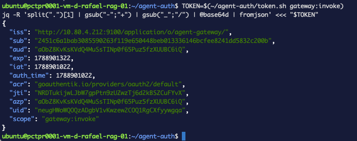 El payload del JWT decodificado mostrando iss, sub, aud, exp, jti, uid y scope con el valor gateway