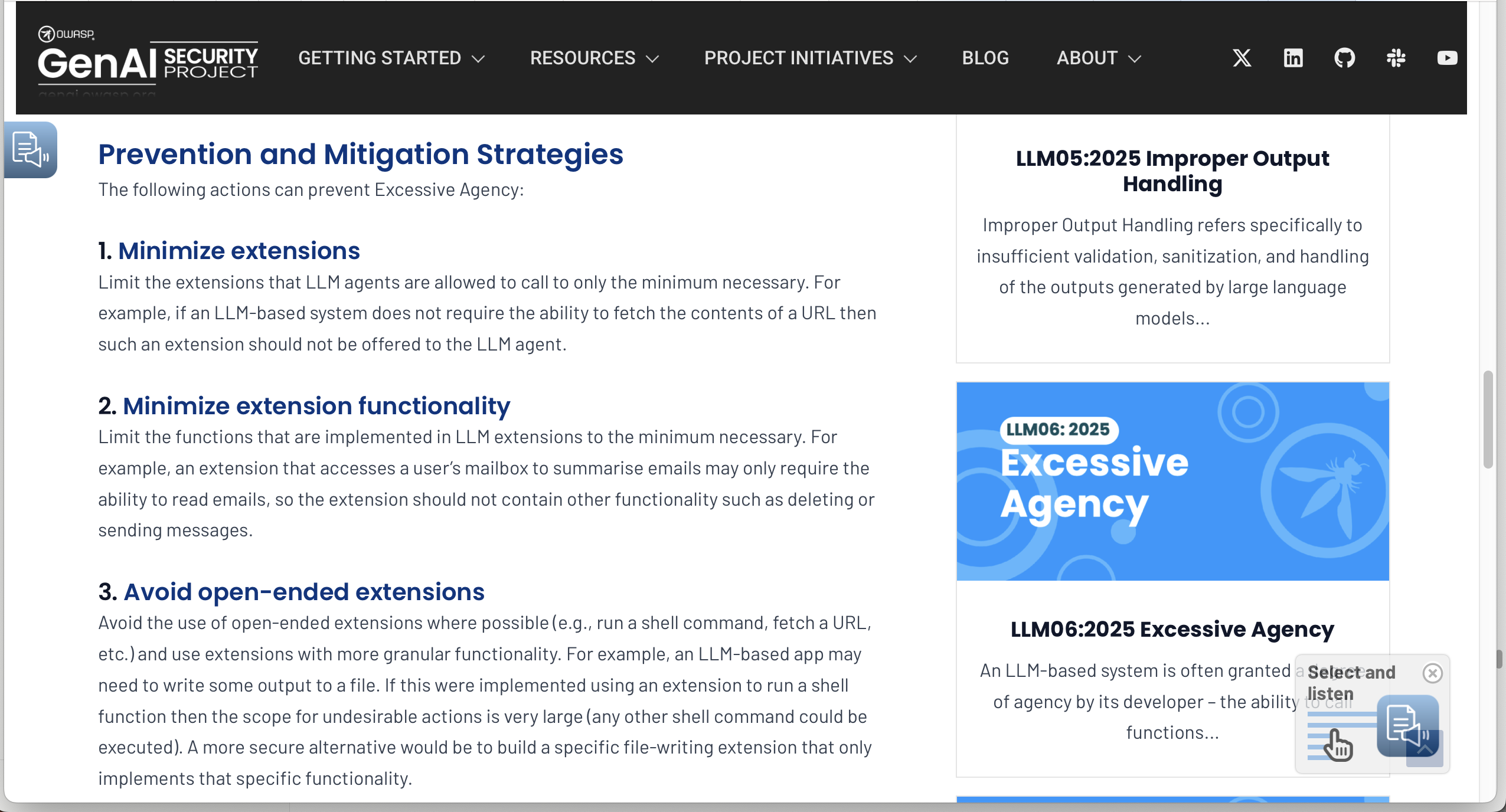 La página de OWASP LLM06 Agencia Excesiva mostrando sus estrategias de prevención y mitigación, todas sobre herramientas y extensiones