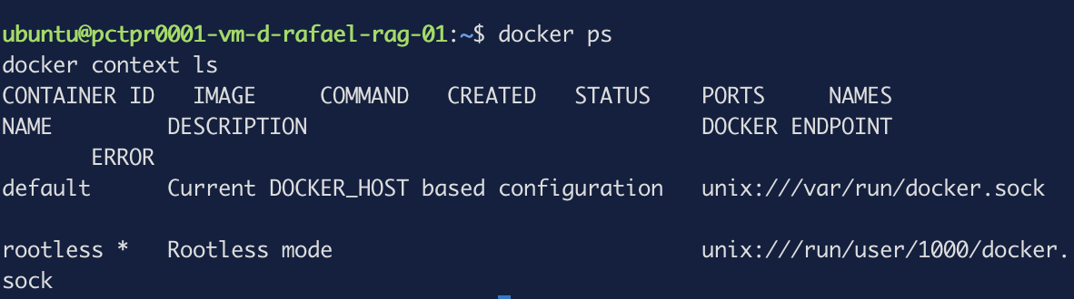 docker ps no lista ningún contenedor, docker context ls muestra el asterisco en rootless, y consultar el contexto default informa de 20 contenedores en marcha