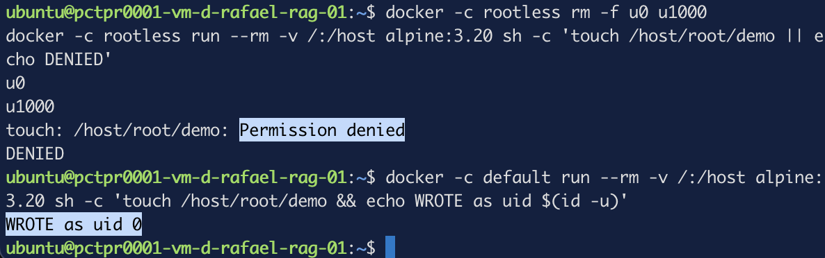 El comando idéntico que antes escribía dentro de /root ahora falla con permiso denegado bajo el demonio rootless