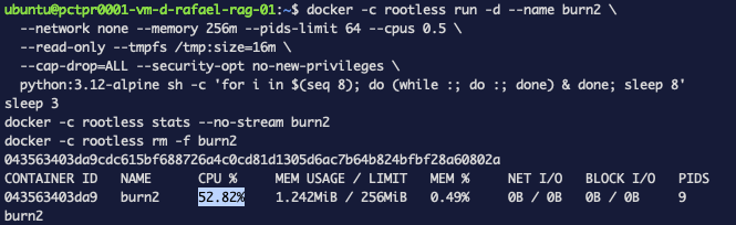 docker stats mostrando el contenedor burn2 contenido en 52,82 por ciento de CPU con las mismas cifras de memoria, red y procesos que antes