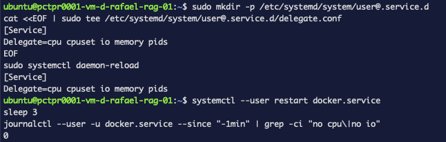 El archivo delegate.conf siendo escrito, seguido de un reinicio del servicio docker rootless y un recuento de advertencias de cero