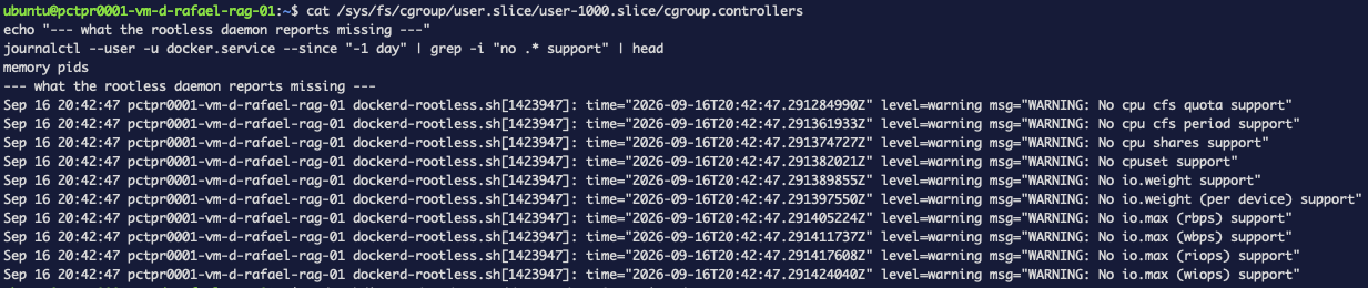 El log de arranque del demonio rootless listando diez advertencias entre ellas no cpu cfs quota support, no cpuset support, no io.weight support y no io.max support
