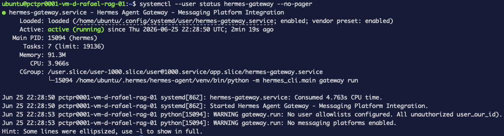 systemctl status mostrando hermes-gateway activo y en ejecución desde el arranque, iniciado automáticamente por linger después del reinicio