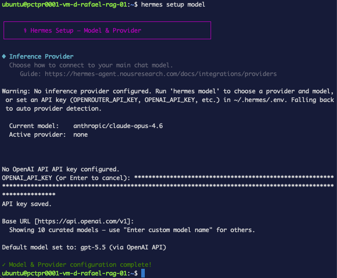 Eligiendo el modelo predeterminado en hermes setup model — gpt-5.5 seleccionado de la lista de OpenAI