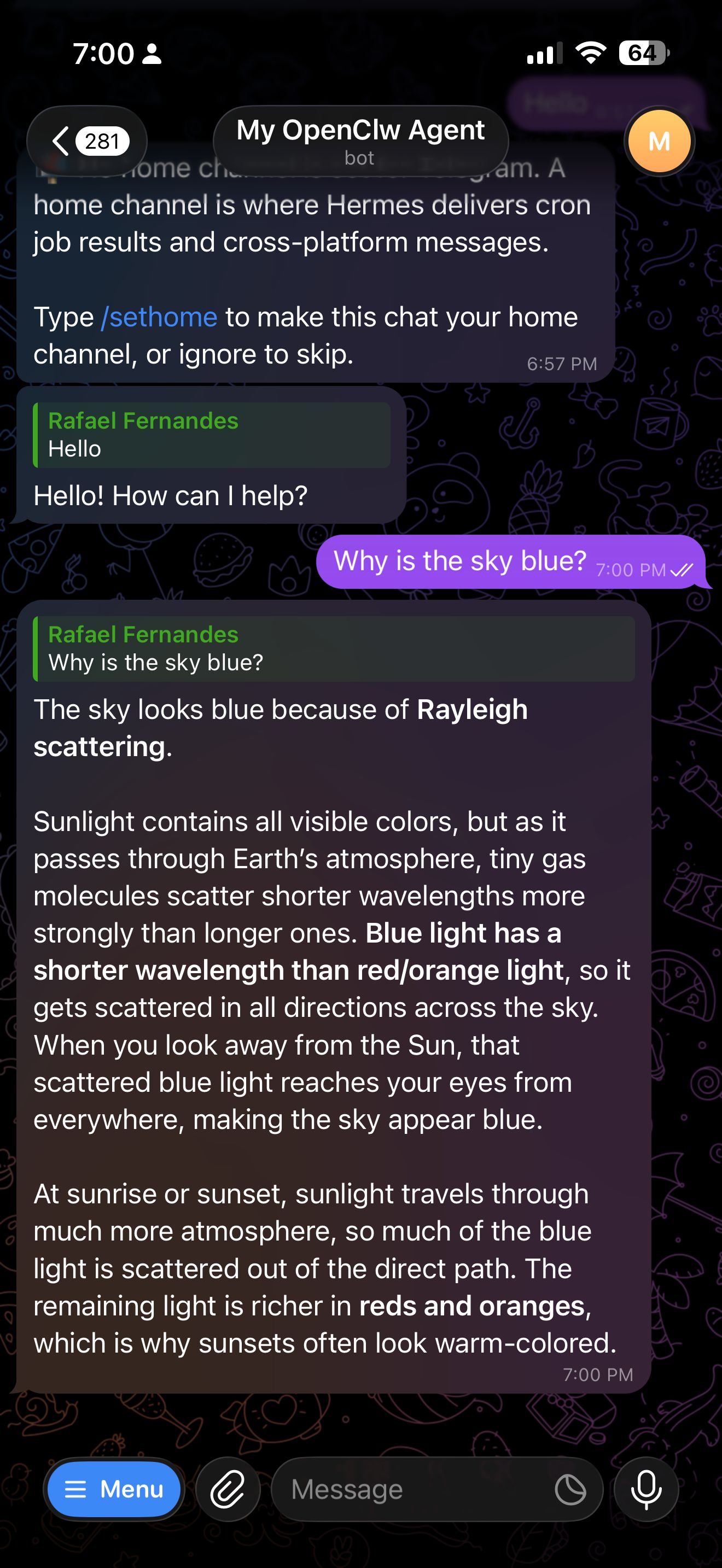 Chat de Telegram mostrando al bot explicando la dispersión de Rayleigh en respuesta a "¿Por qué es el cielo azul?"