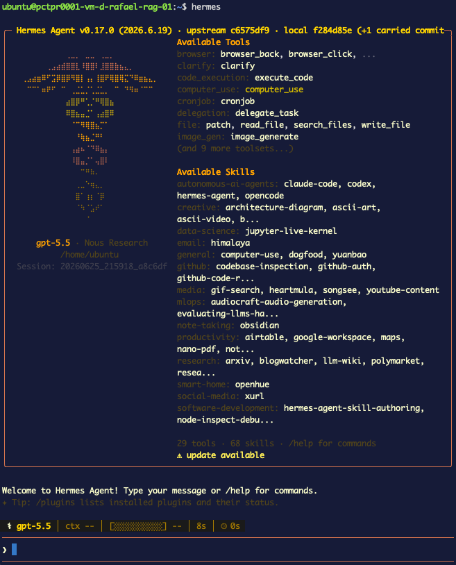 La pantalla de bienvenida del Agente Hermes TUI — logo ASCII, herramientas y habilidades disponibles, modelo gpt-5.5, y el aviso de chat