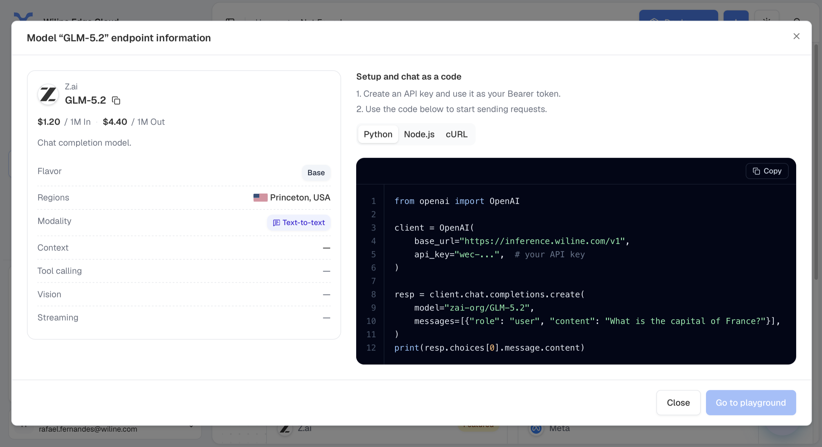 El diálogo de información del punto final de GLM-5.2 — detalles del modelo a la izquierda, código de configuración listo para ejecutar a la derecha