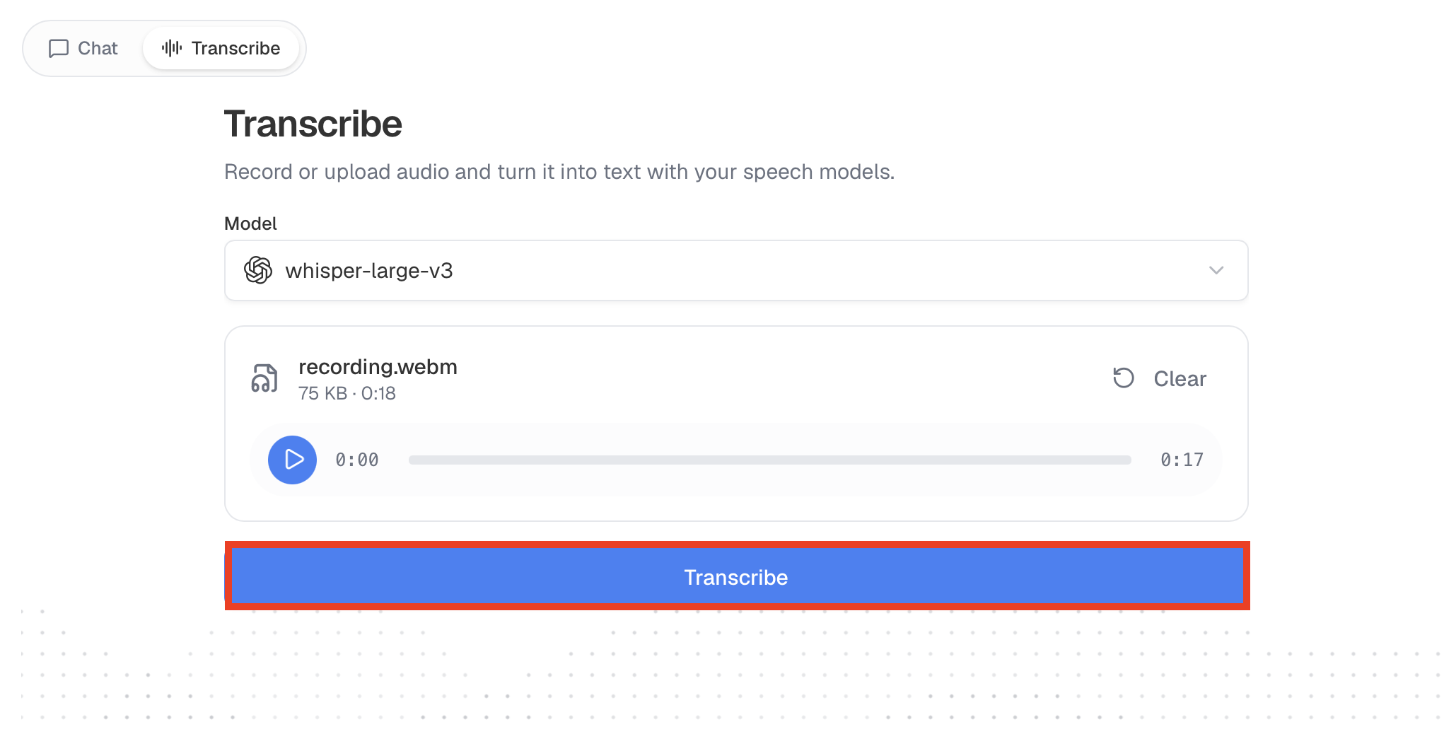 El texto transcrito devuelto después de hacer clic en Transcribir