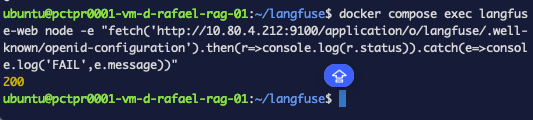 La llamada node fetch ejecutada dentro de langfuse-web imprimiendo 200