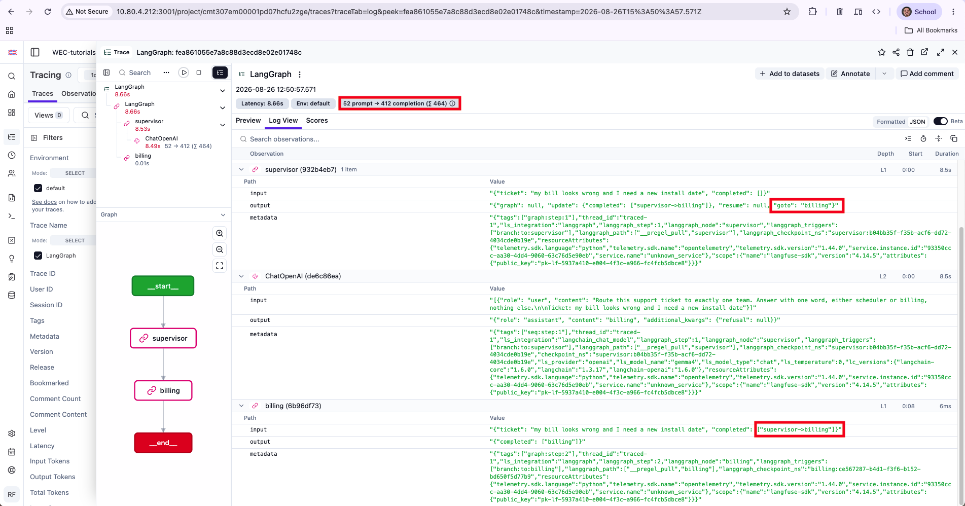 Rastro de Langfuse mostrando los spans de supervisor y billing, la insignia de tokens, el Command serializado con goto, y billing recibiendo la actualización de estado del supervisor