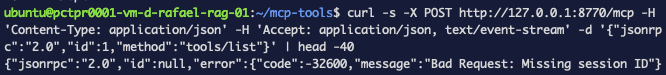 Un POST con curl al endpoint MCP devolviendo Bad Request: Missing session ID con el código de error JSON-RPC -32600