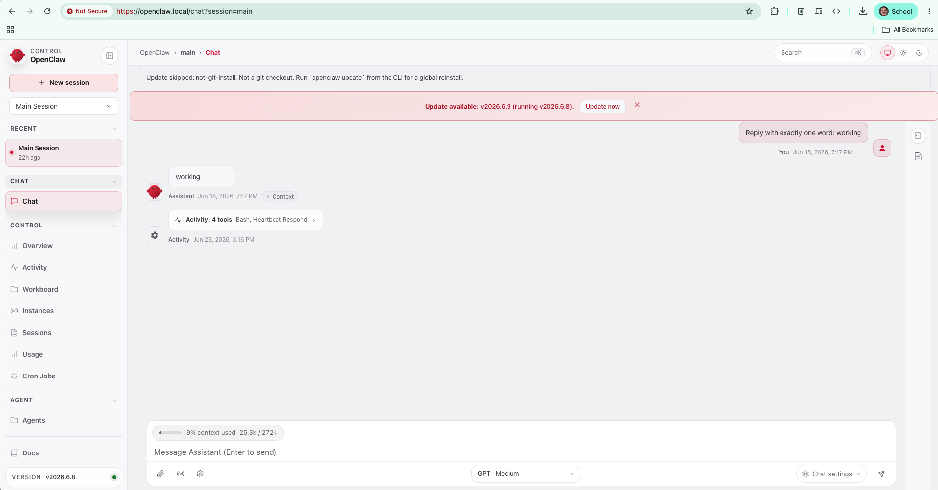El chat de OpenClaw cargando a través de la malla en https://openclaw.local