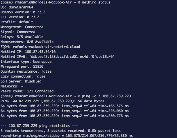 Estado de netbird en Mac mostrando Conteo de Pares 1/1 Conectado, además de un ping exitoso a la IP de malla de la VM