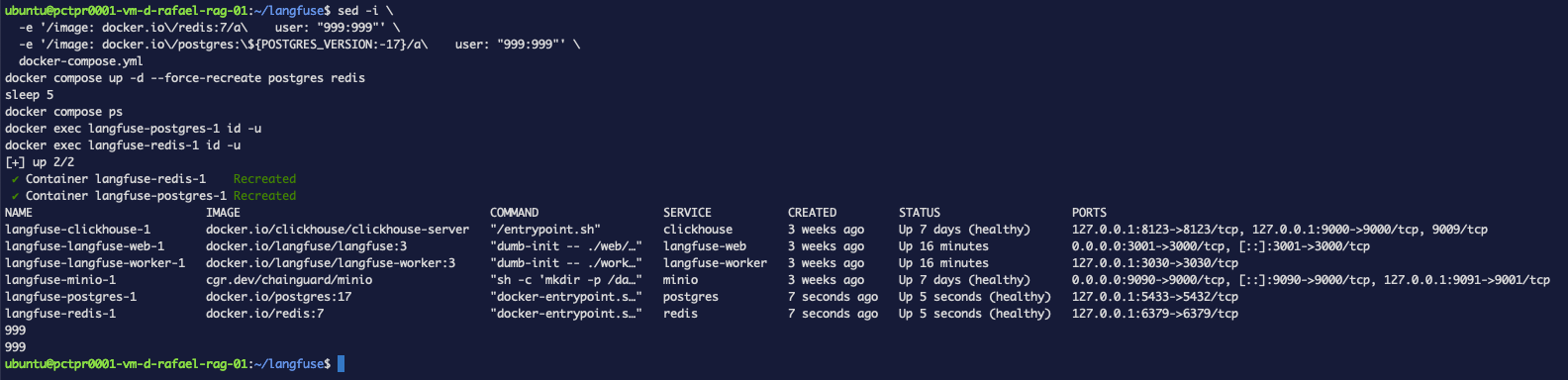 docker compose ps mostrando ambos contenedores saludables, y id -u ahora devolviendo 999