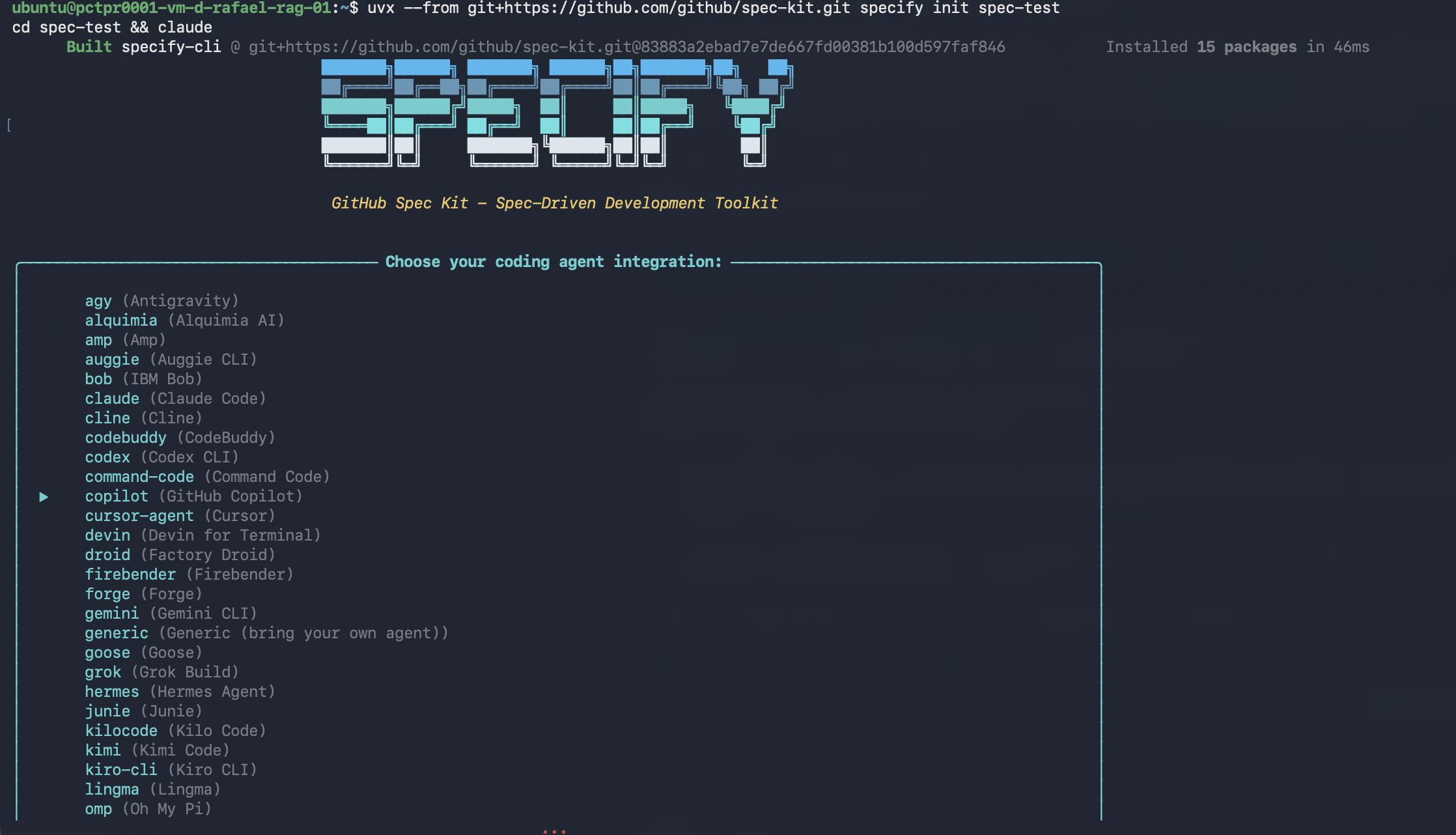 El prompt de instalación de Spec Kit listando más de treinta integraciones de agentes de programación, incluyendo Claude Code, GitHub Copilot, Cursor, Gemini CLI, Devin, Grok e IBM Bob.