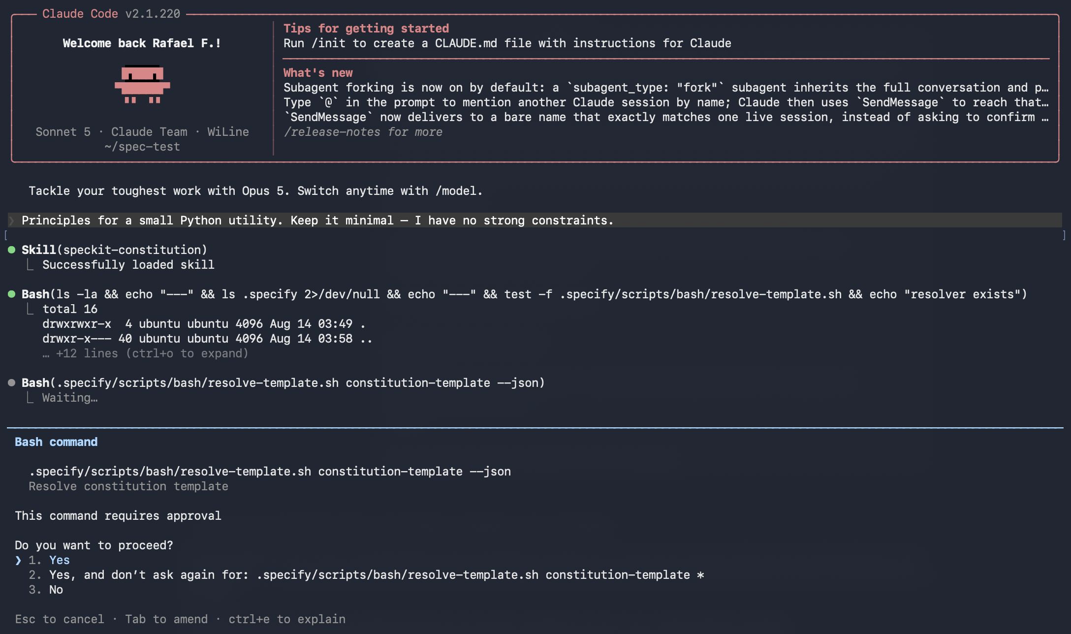 La fase de constitución de Spec Kit ejecutándose en una terminal, generando principios a partir de un prompt de una línea.