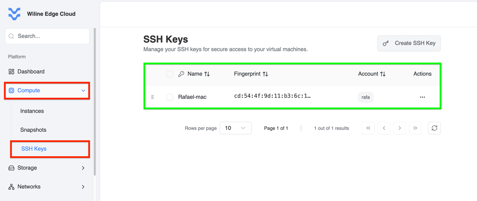 Tablero de Claves SSH después de agregar una clave