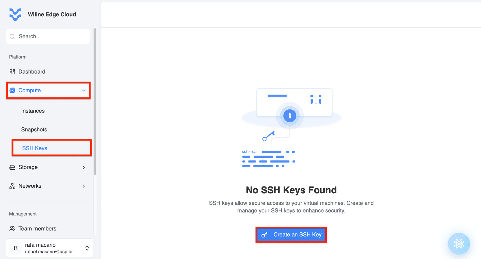 Página de Claves SSH mostrando que no hay claves configuradas