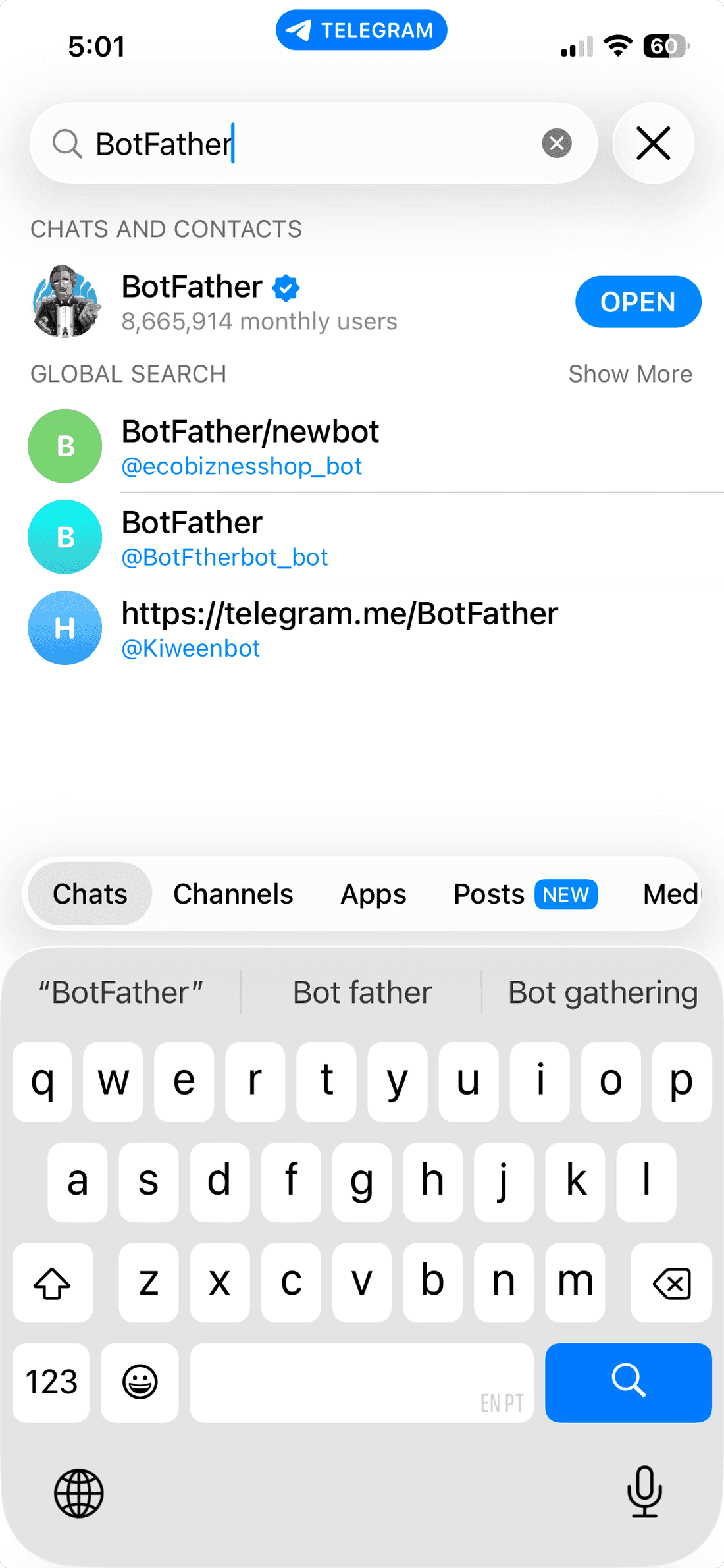Buscando a BotFather en Telegram