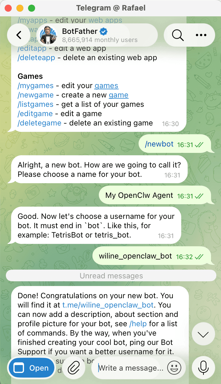 BotFather emitiendo el token del bot