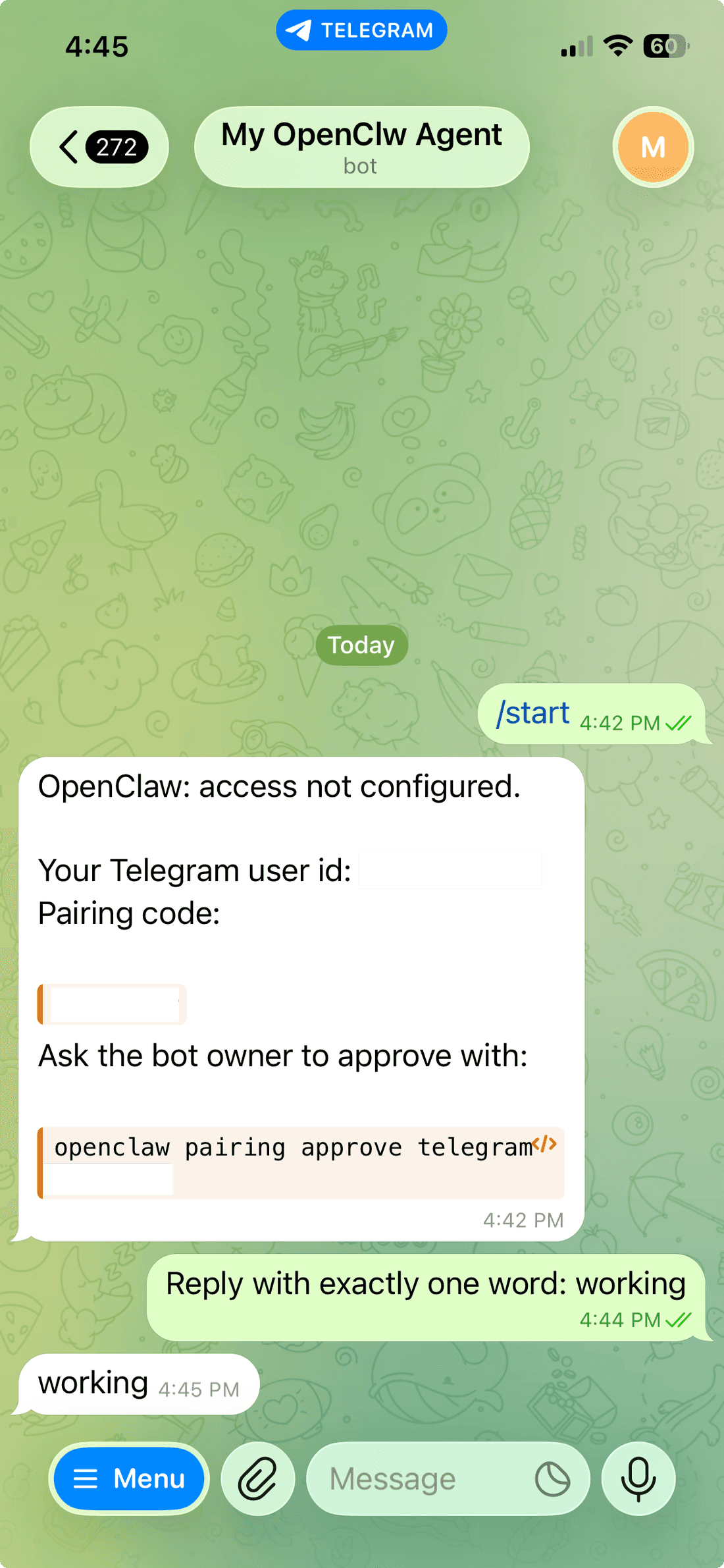 Bot respondiendo con el código de emparejamiento