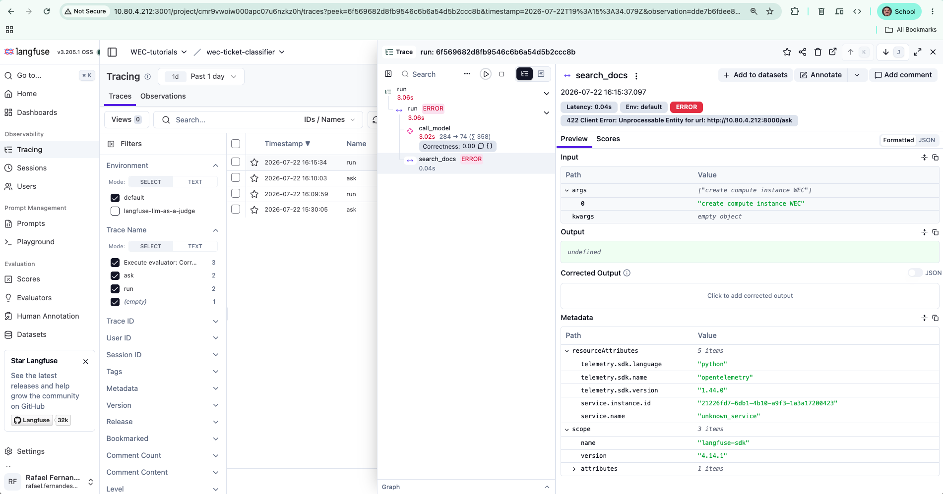 El trazado roto: call_model verde, search_docs rojo con un error 422
