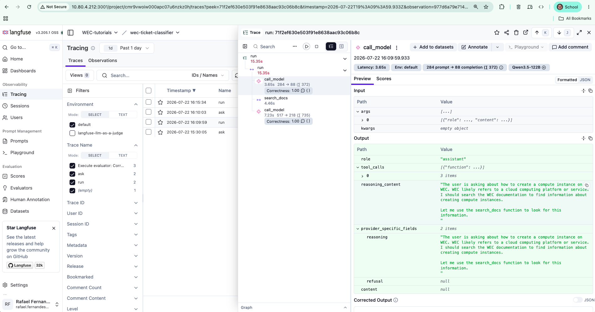 El nodo call_model mostrando reasoning_content y tool_calls en Langfuse