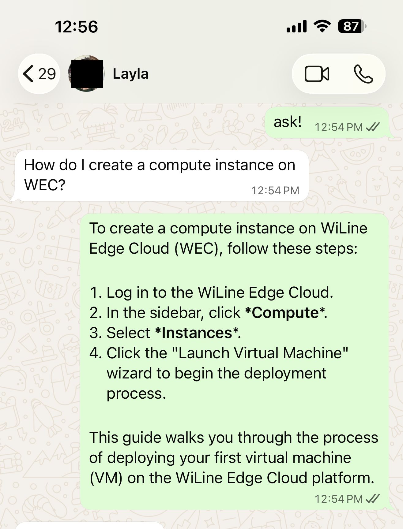 WhatsApp entregando una respuesta fundamentada en documentos de WEC
