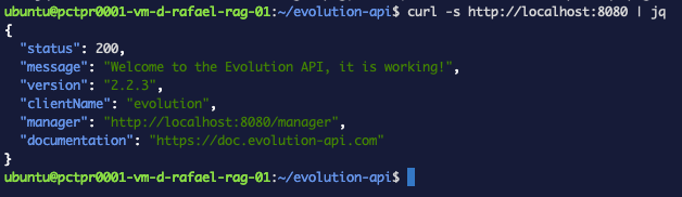 La API de Evolution responde en el puerto 8080 con la carga de bienvenida